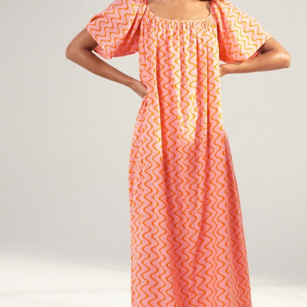 New Zara print dress midi pink orange medium pocke
